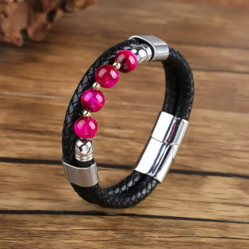 Feng Yue Punk Armband met Natuursteen & Lederen Bedels - Zilverkleur