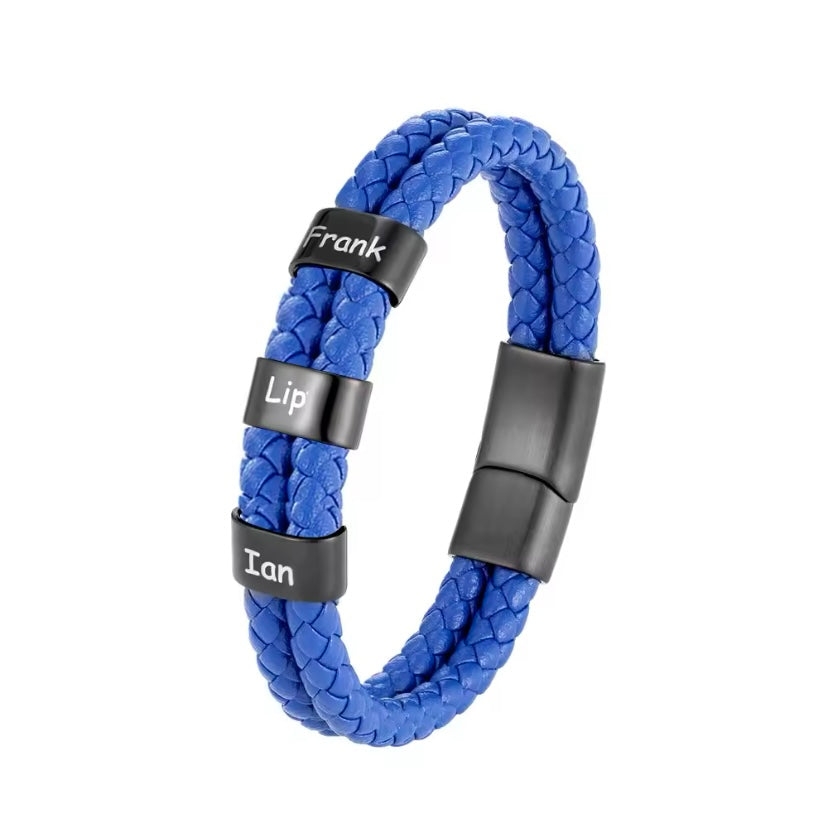 Personaliseerbare Familienaam Armband voor Mannen – Blauw Gevlochten Leer met Roestvrijstalen Bedels