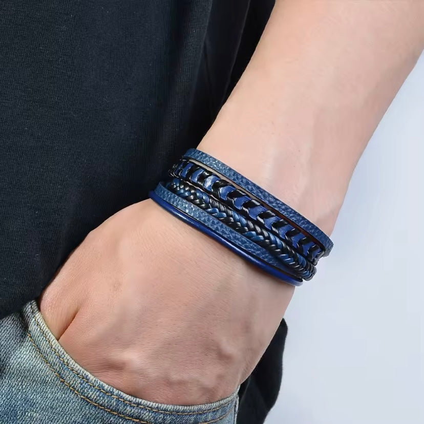 Meerlaags geweven PU-leren herenarmband, retro stijl