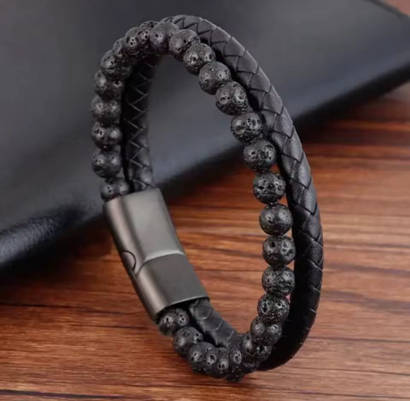 The Element™ – Herenarmband van Natuursteen, Leer & Vulkanische Kralen