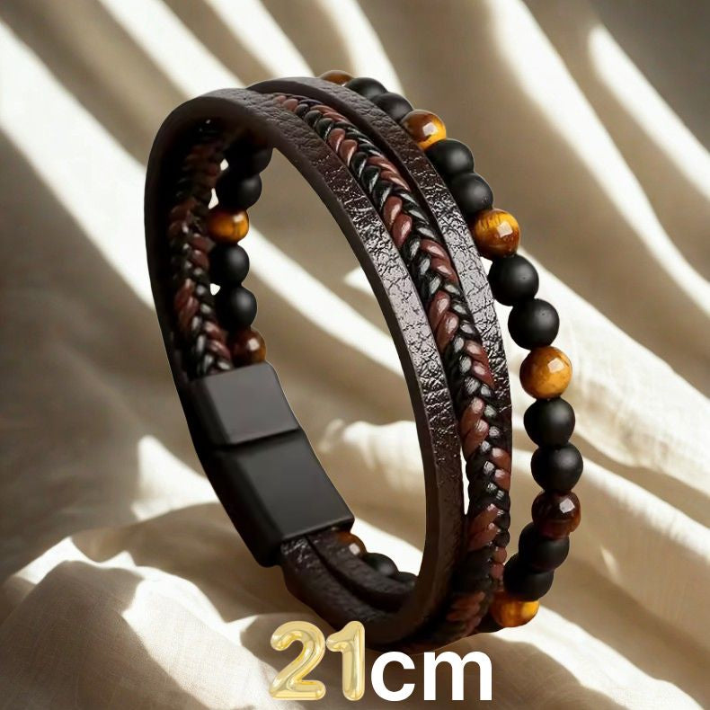 Tijgeroog Kralen & Lederen Armband – Multi-Layer